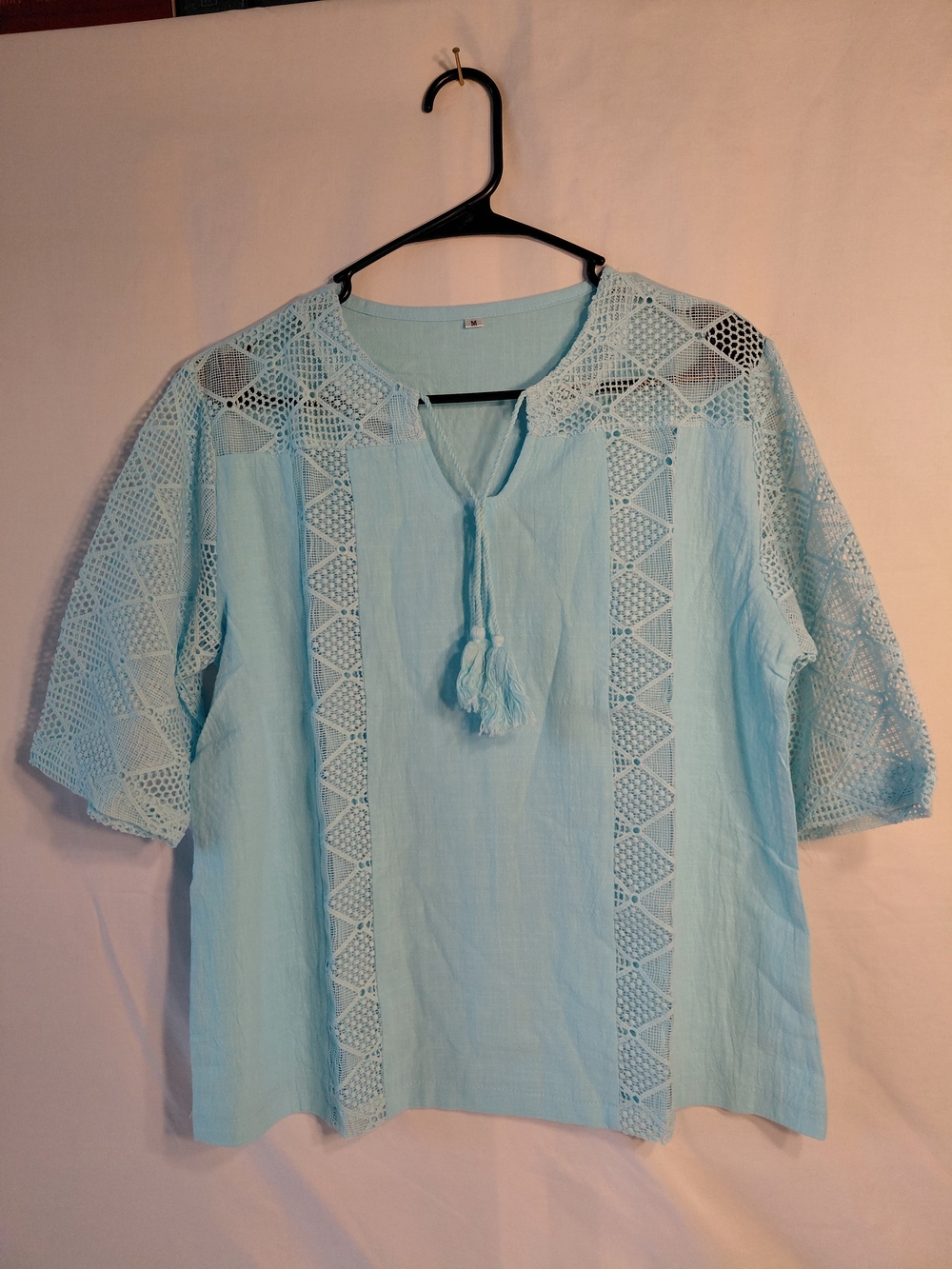 Light Blue Crochet Trim Women's Peasant Top